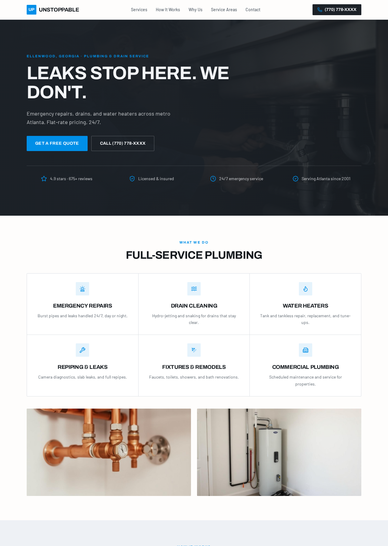 Screenshot of the Unstoppable Plumbing website designed and built by The Website Artisans